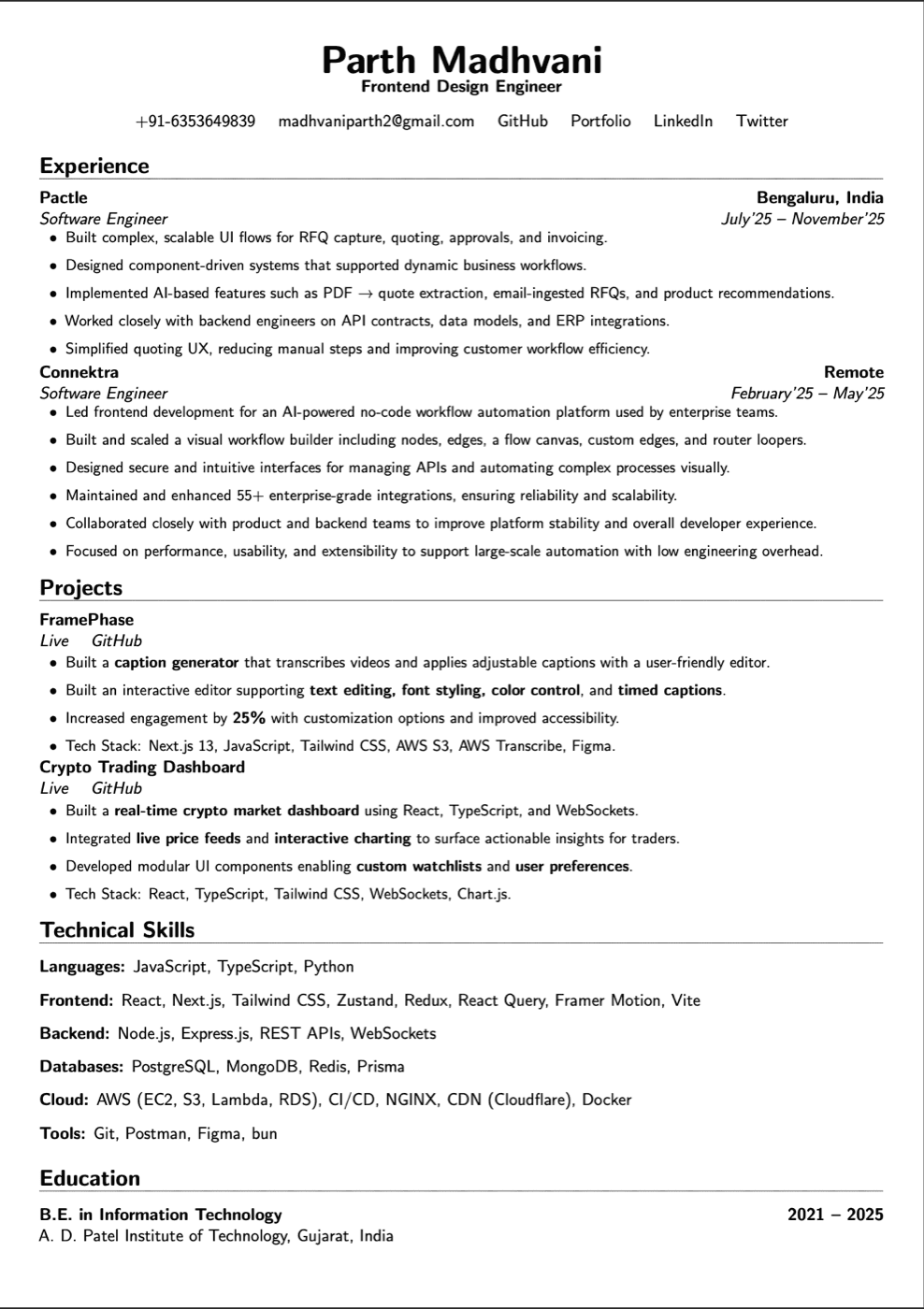 Parth Madhvani résumé, one page